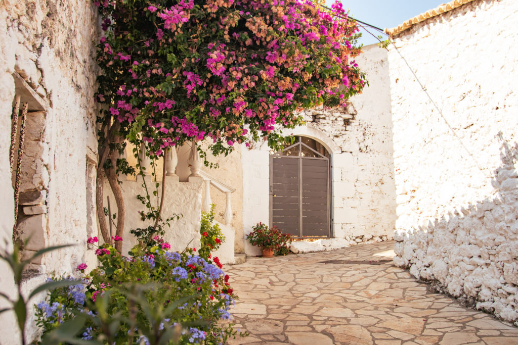 Corfu Greece Travel Guide: flowers in the streets of Afionas